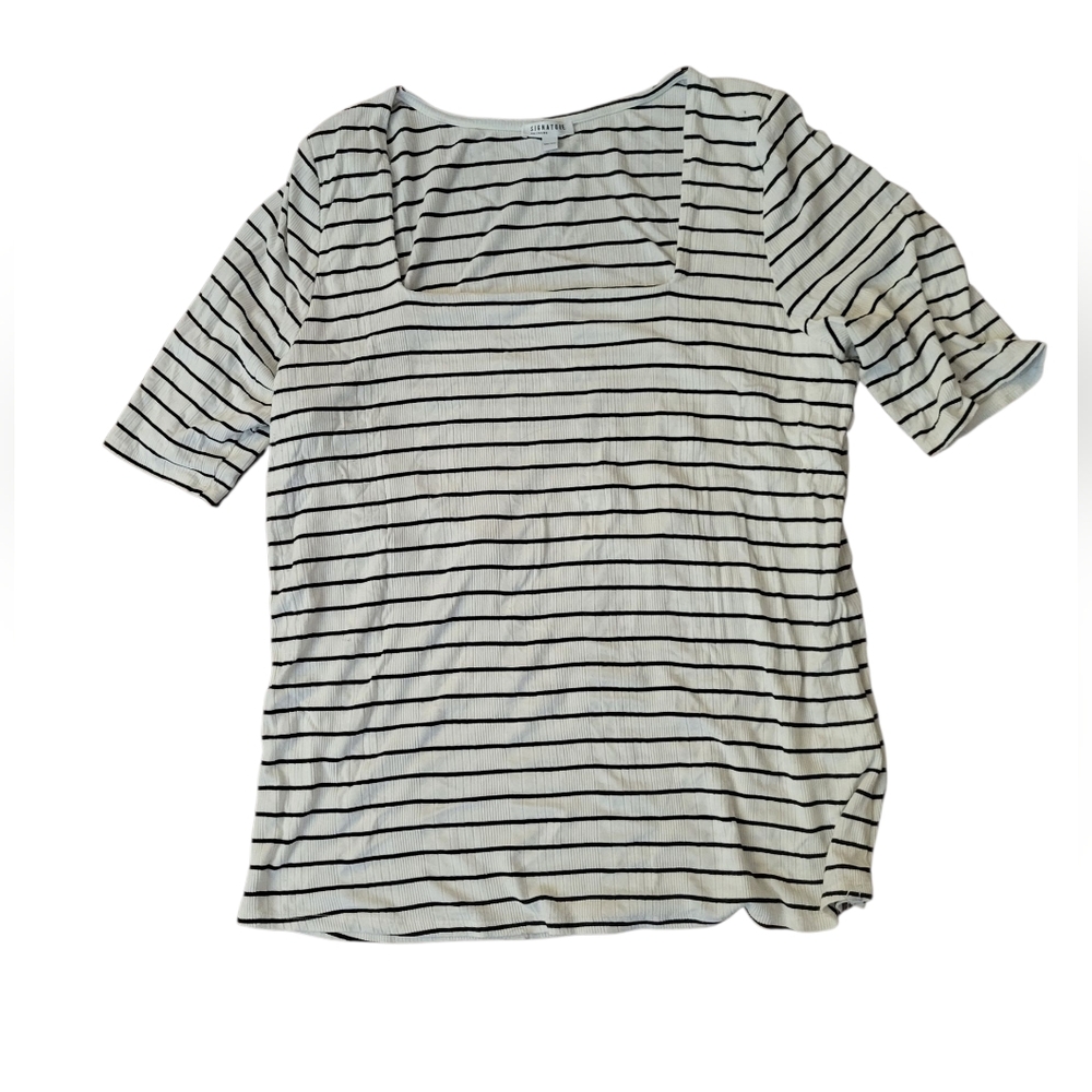 Reitmans Signature Black and White Striped Blouse With Square Neck